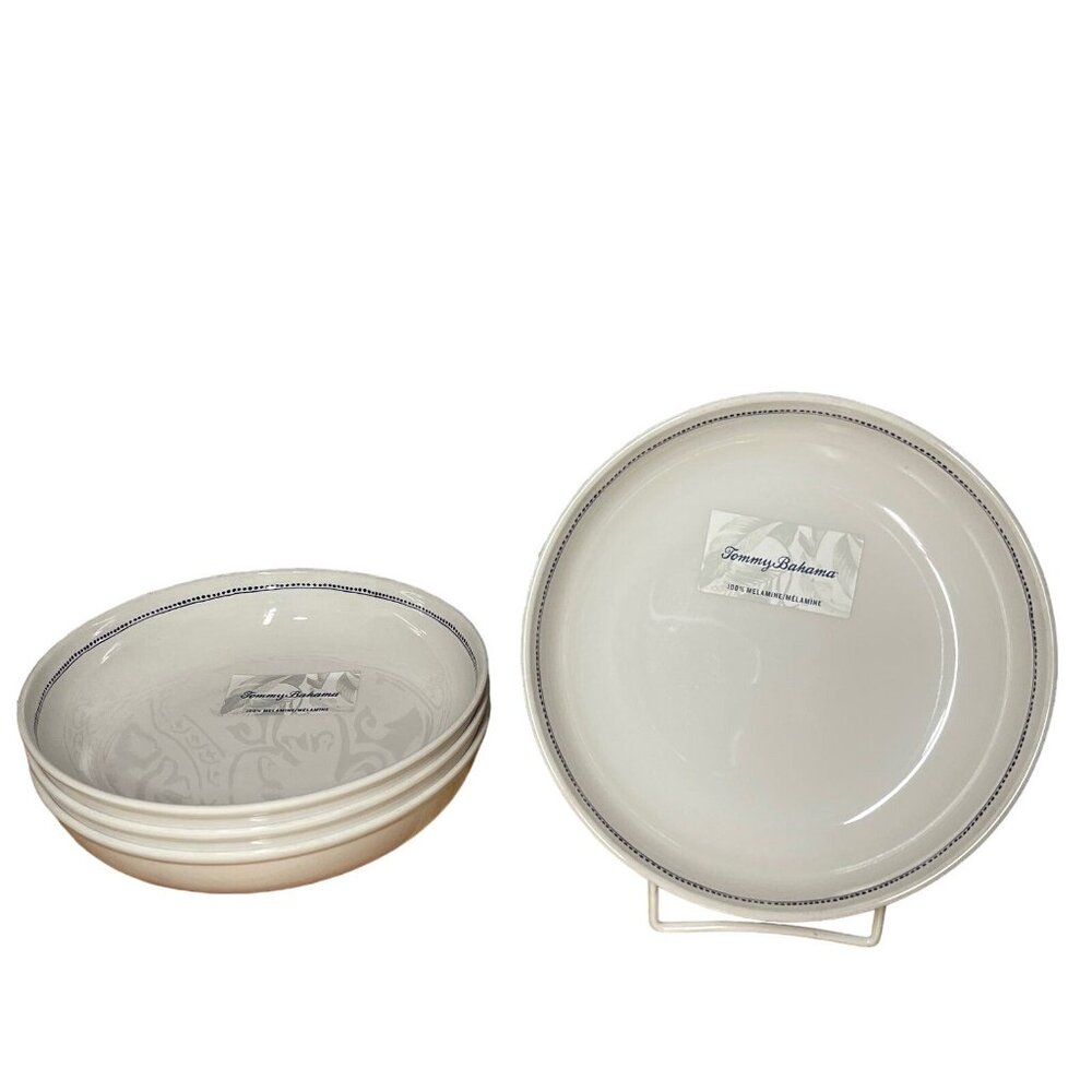 Tommy Bahama Melamine Bowls Set Of 4 White With Blue Trim 11" Durable Lightweigh